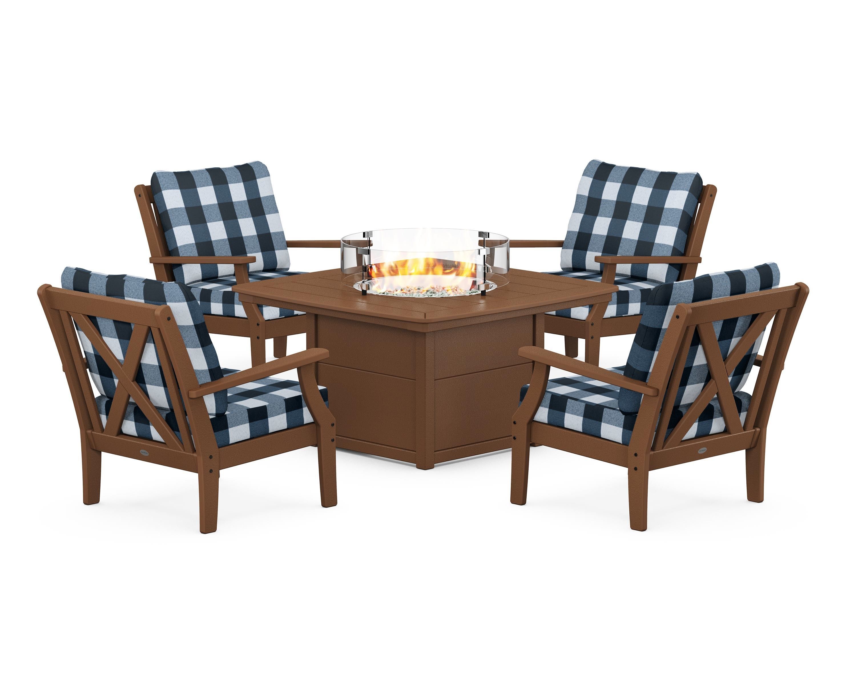 POLYWOOD® Braxton 5-Piece Deep Seating Conversation Set with Fire Pit Table in Teak / Buffalo Plaid Marine Indigo
