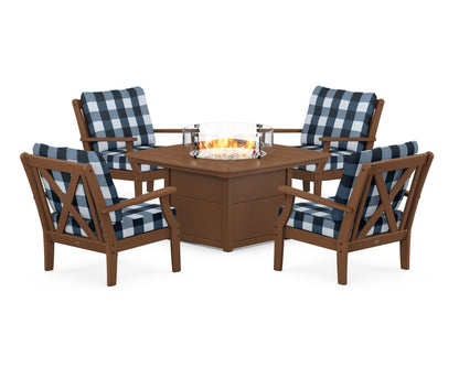POLYWOOD® Braxton 5-Piece Deep Seating Conversation Set with Fire Pit Table in Teak / Buffalo Plaid Marine Indigo