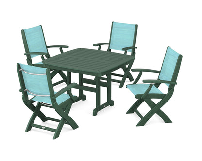POLYWOOD® Coastal Folding Chair 5-Piece Dining Set in Green / Dupioni Aquamarine Sling