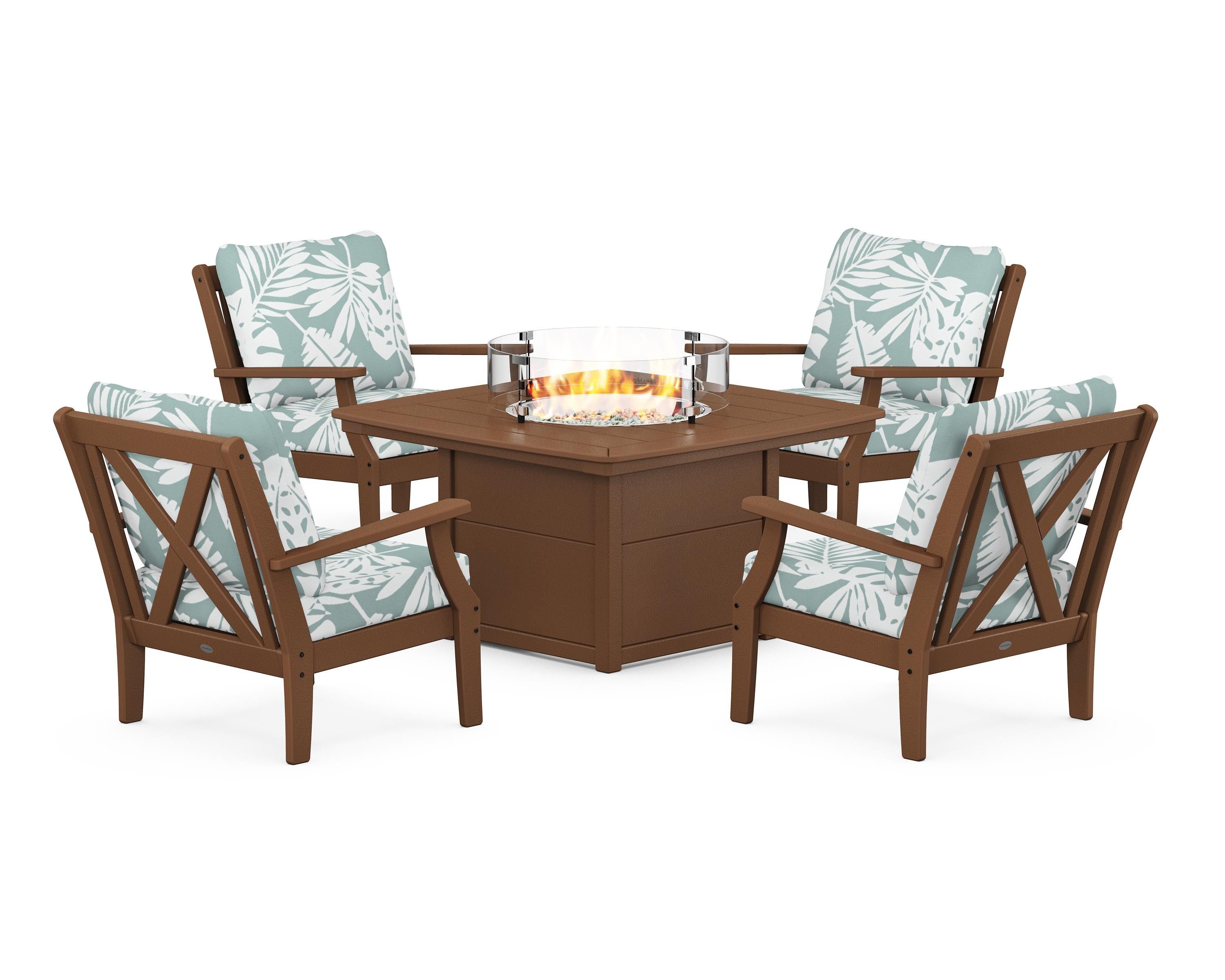 POLYWOOD® Braxton 5-Piece Deep Seating Conversation Set with Fire Pit Table in Teak / Leaf Glacier Spa