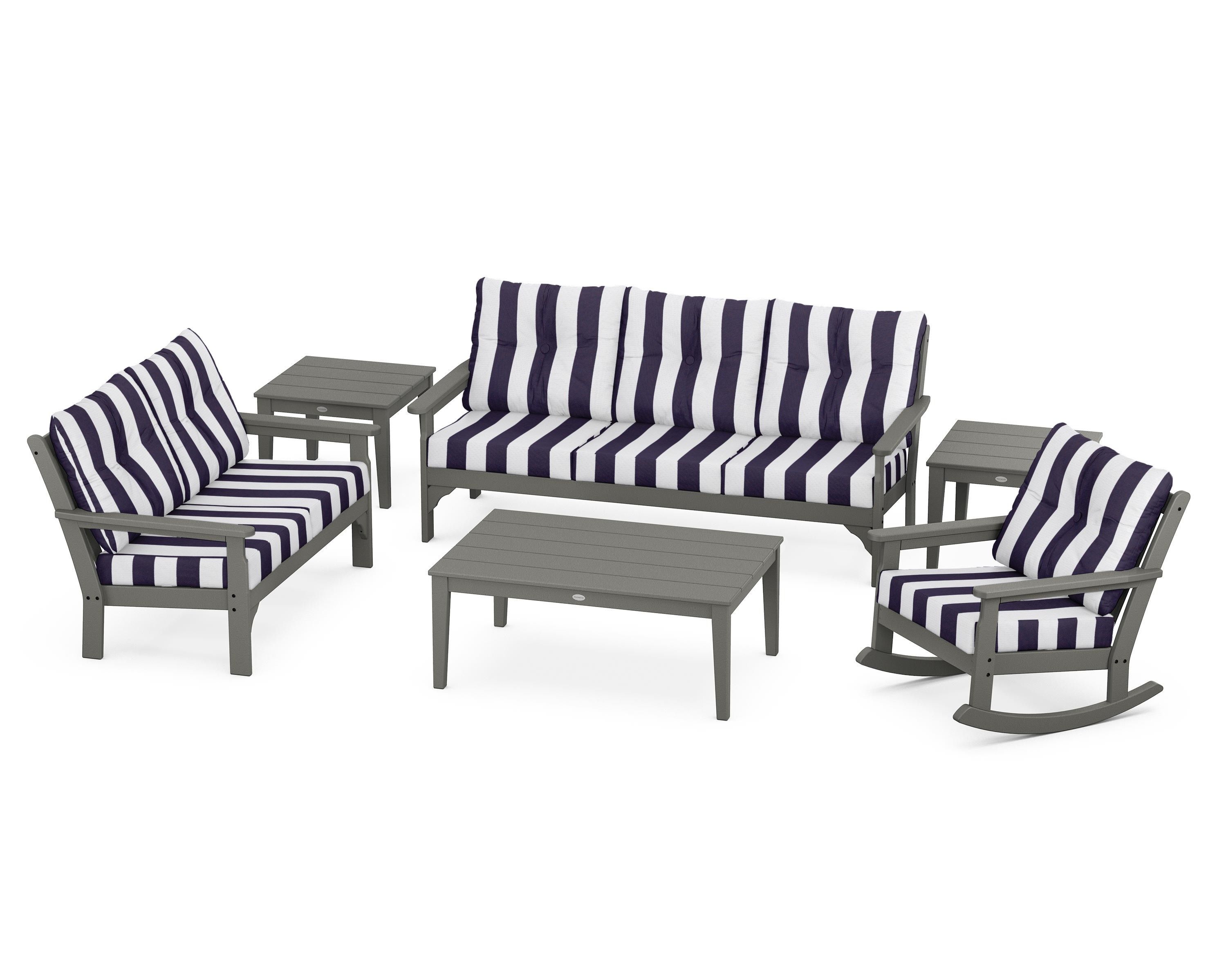 POLYWOOD® Vineyard 6-Piece Deep Seating Set in Slate Grey / Cabana Stripe Navy
