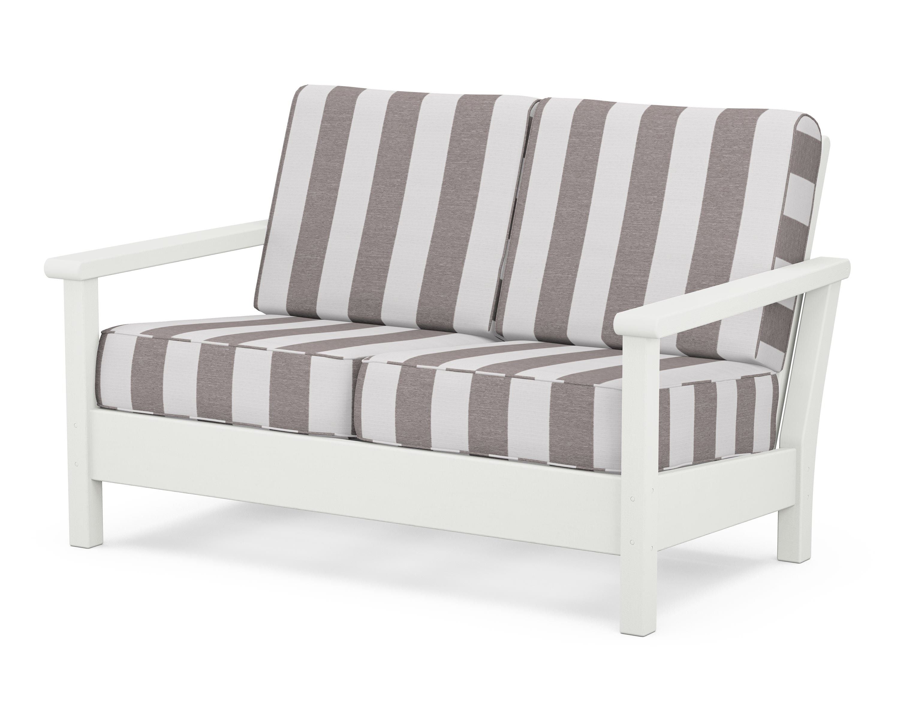 POLYWOOD® Harbour Deep Seating Loveseat in Vintage White / Cabana Stripe Grey Mist