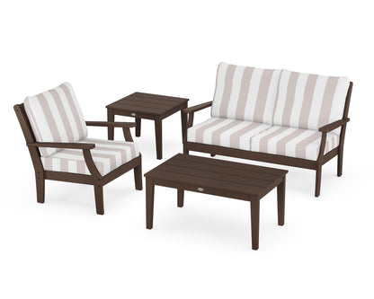 POLYWOOD® Braxton 4-Piece Deep Seating Set in Mahogany / Cabana Stripe Dune Burlap
