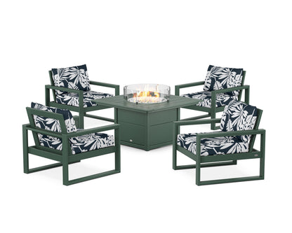 POLYWOOD® EDGE Sectional 5-Piece Deep Seating Set with Fire Pit Table in Green / Leaf Marine Indigo