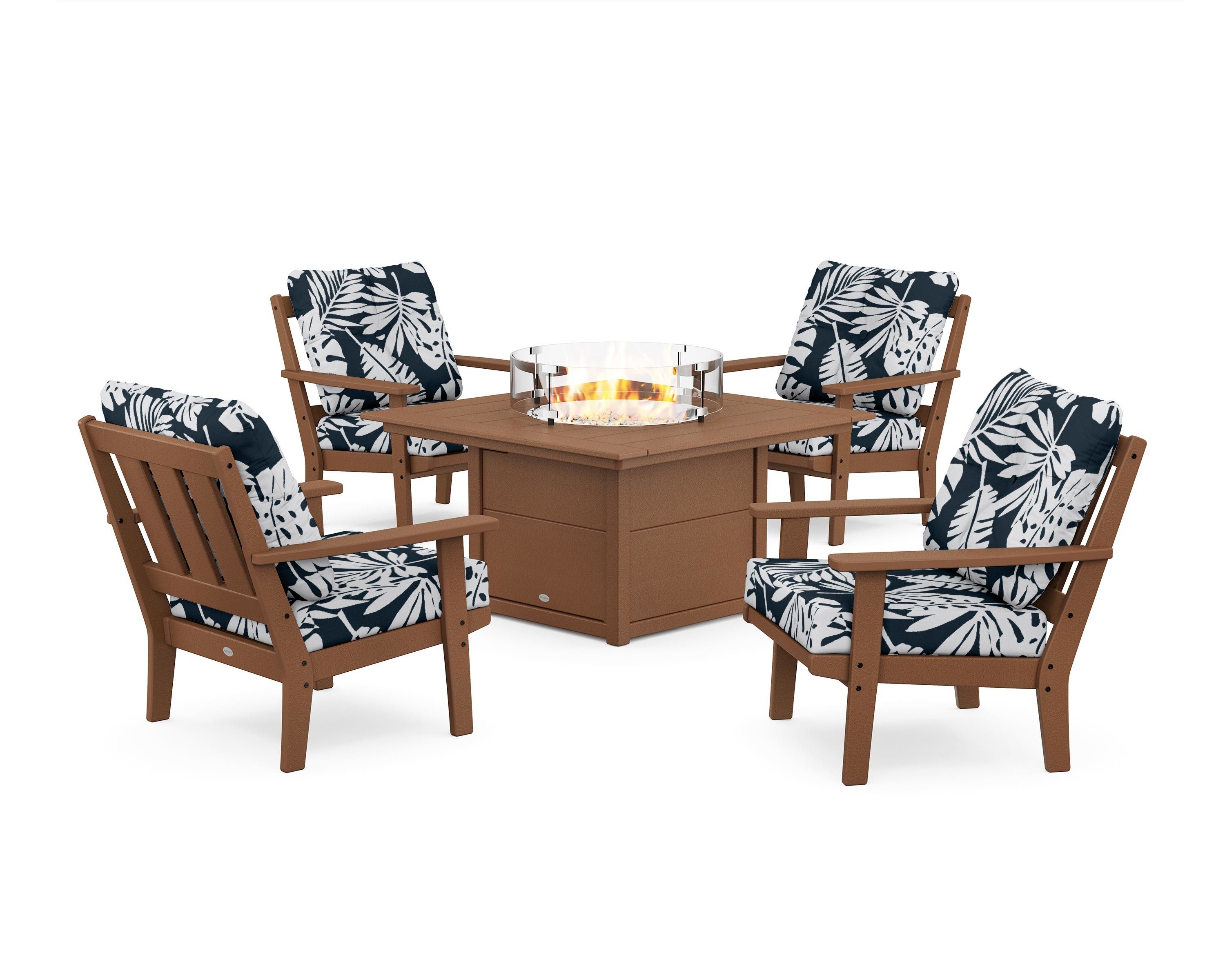 POLYWOOD® Oxford 5-Piece Deep Seating Set with Fire Pit Table in Teak / Leaf Marine Indigo