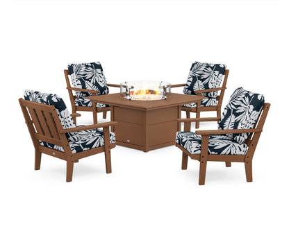 POLYWOOD® Oxford 5-Piece Deep Seating Set with Fire Pit Table in Teak / Leaf Marine Indigo