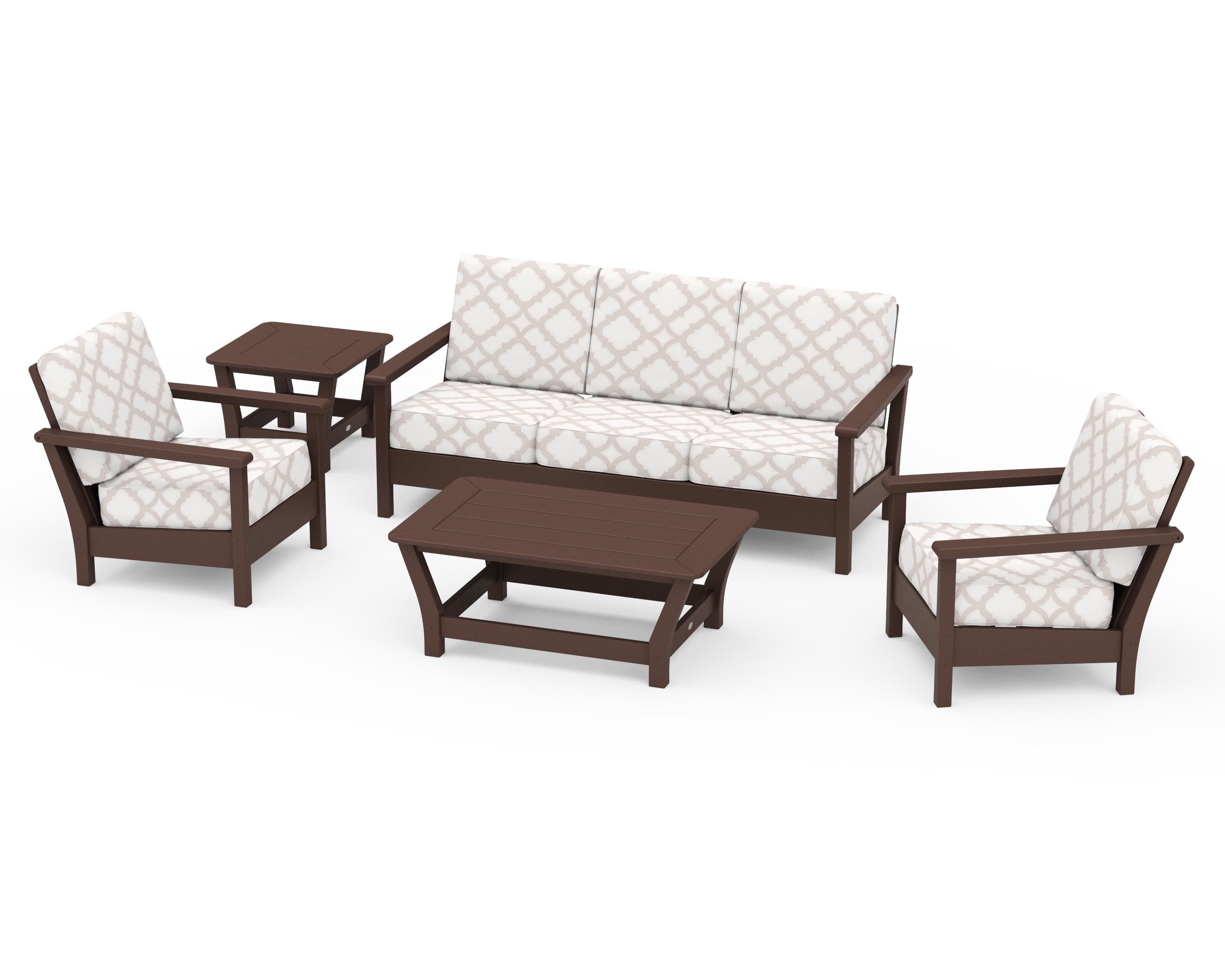 POLYWOOD® Harbour 5-Piece Deep Seating Set in Mahogany / Trellis Dune Burlap