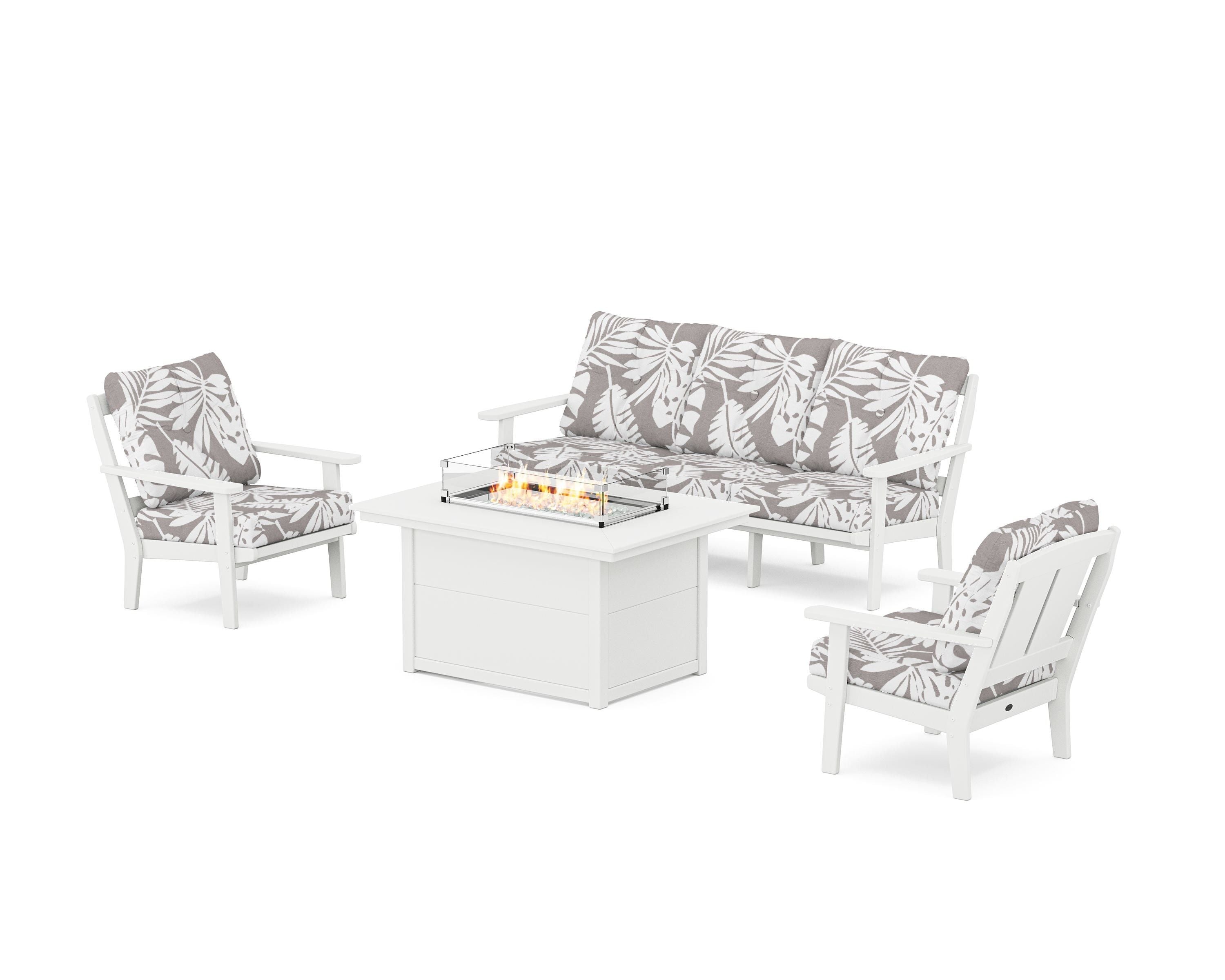 POLYWOOD® Mission Deep Seating Fire Pit Table Set in White / Leaf Grey Mist