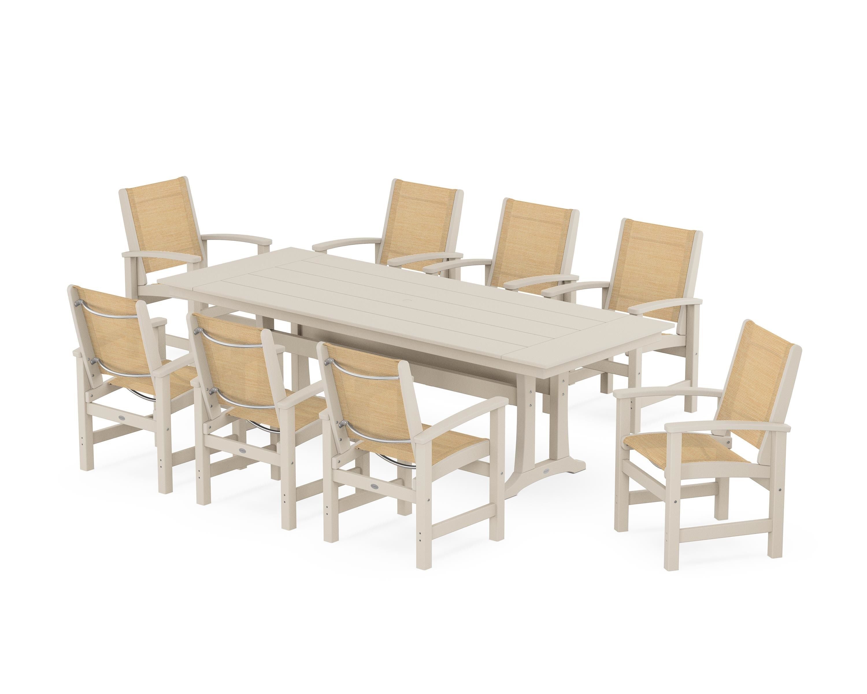 POLYWOOD® Coastal 9-Piece Farmhouse Dining Set with Trestle Legs in Sand / Dupioni Apricot Sling