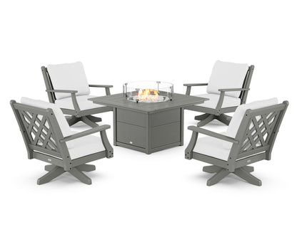 Country Living Wovendale 5-Piece Deep Seating Swivel Conversation Set with Fire Pit Table in Slate Grey / Natural