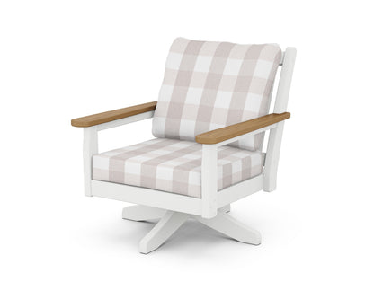 POLYWOOD® Chippendale Deep Seating Swivel Chair in White / Natural / Buffalo Plaid Dune Burlap