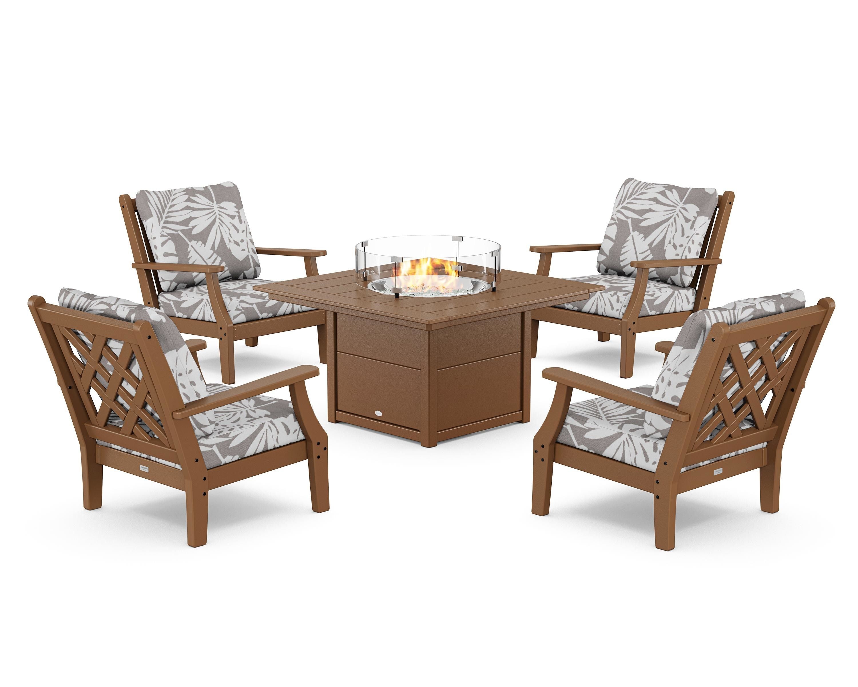 Country Living Wovendale 5-Piece Deep Seating Set with Fire Pit Table in Teak / Leaf Grey Mist