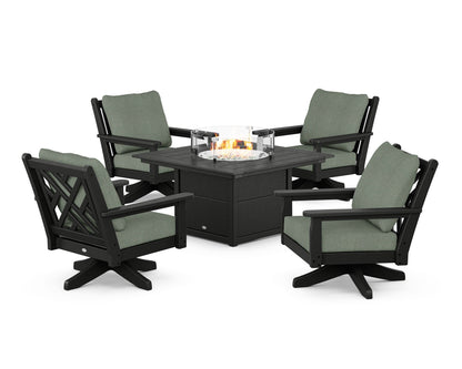 POLYWOOD® Chippendale 5-Piece Deep Seating Swivel Conversation Set with Fire Pit Table in Black / Cast Sage