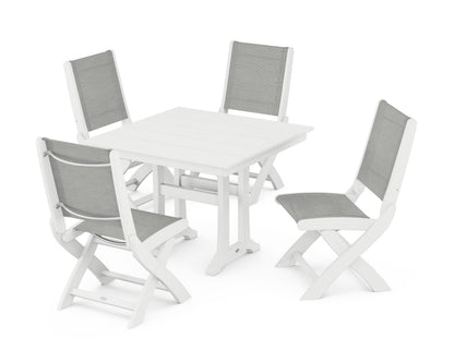 POLYWOOD® Coastal Folding Side Chair 5-Piece Farmhouse Dining Set With Trestle Legs in White / Metallic Sling
