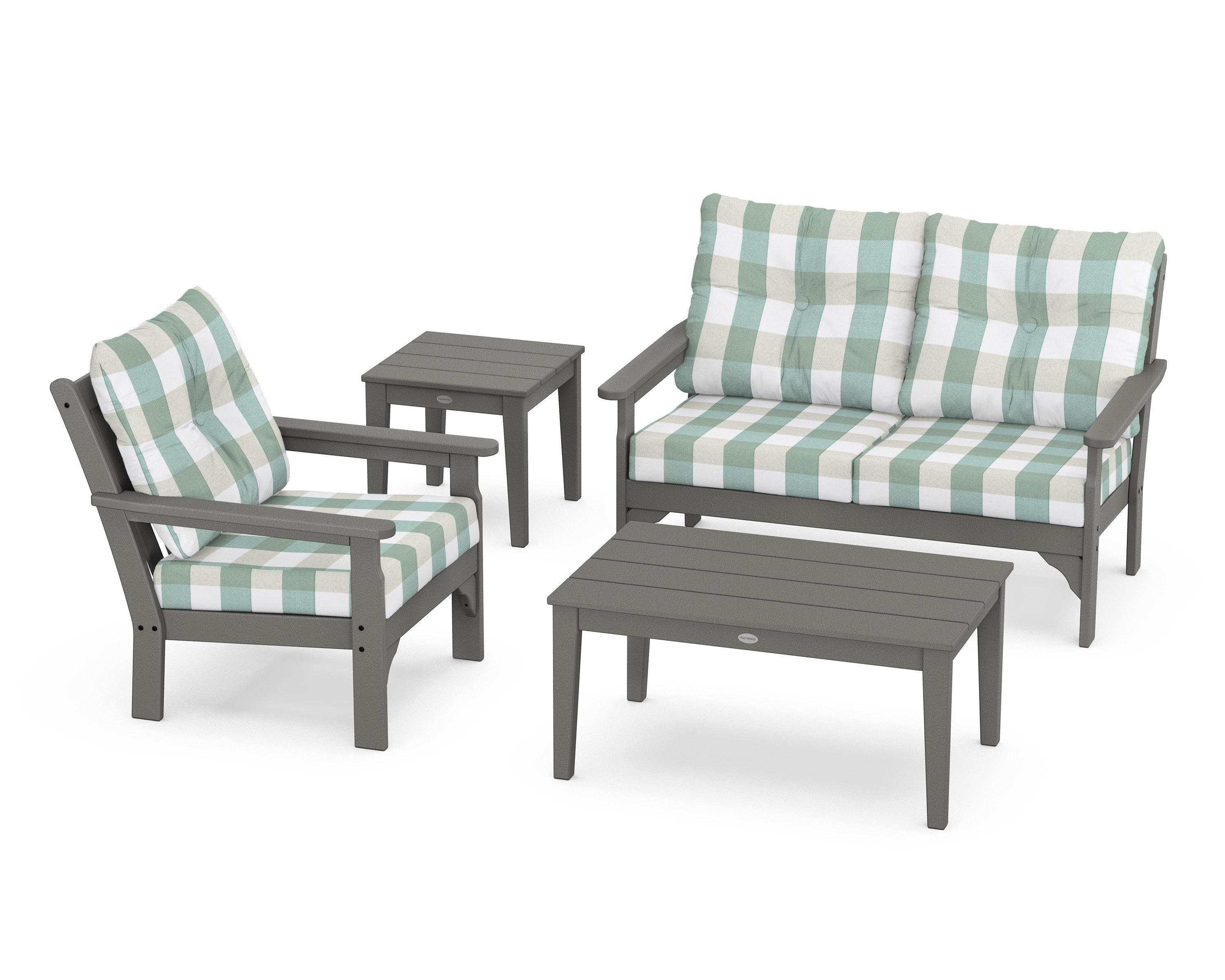 POLYWOOD® Vineyard 4-Piece Deep Seating Set in Slate Grey / Buffalo Plaid Glacier Spa