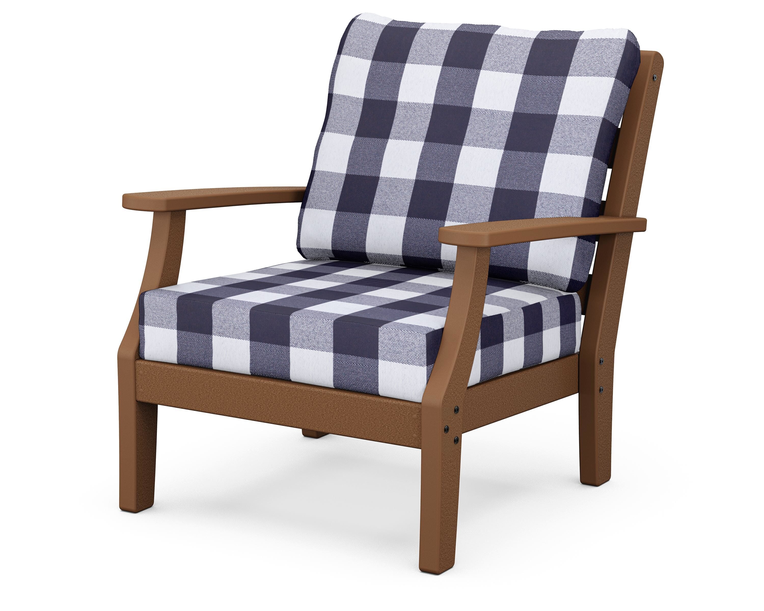 POLYWOOD® Chesapeake Deep Seating Chair in Teak / Buffalo Plaid Navy