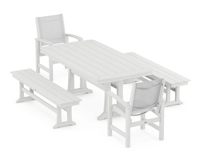 POLYWOOD® Coastal 5-Piece Dining Set with Trestle Legs and Benches in White / White Sling