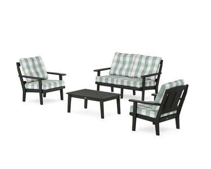 POLYWOOD® Mission 4-Piece Deep Seating Set with Loveseat in Black / Buffalo Plaid Glacier Spa