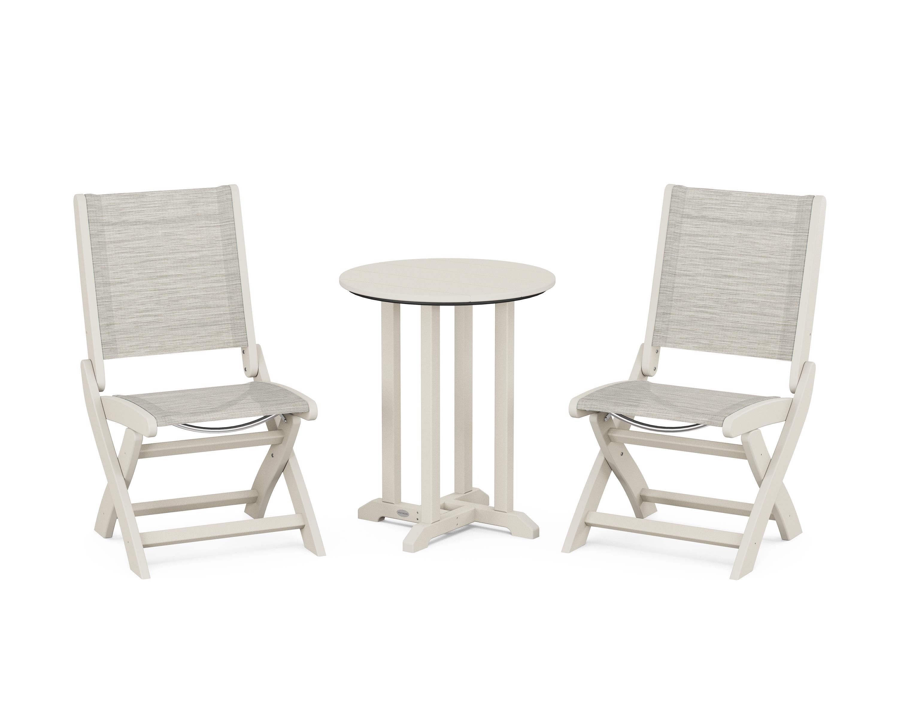 POLYWOOD® Coastal Folding Side Chair 3-Piece Round Bistro Dining Set in Sand / Birch Sling