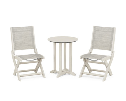 POLYWOOD® Coastal Folding Side Chair 3-Piece Round Bistro Dining Set in Sand / Birch Sling