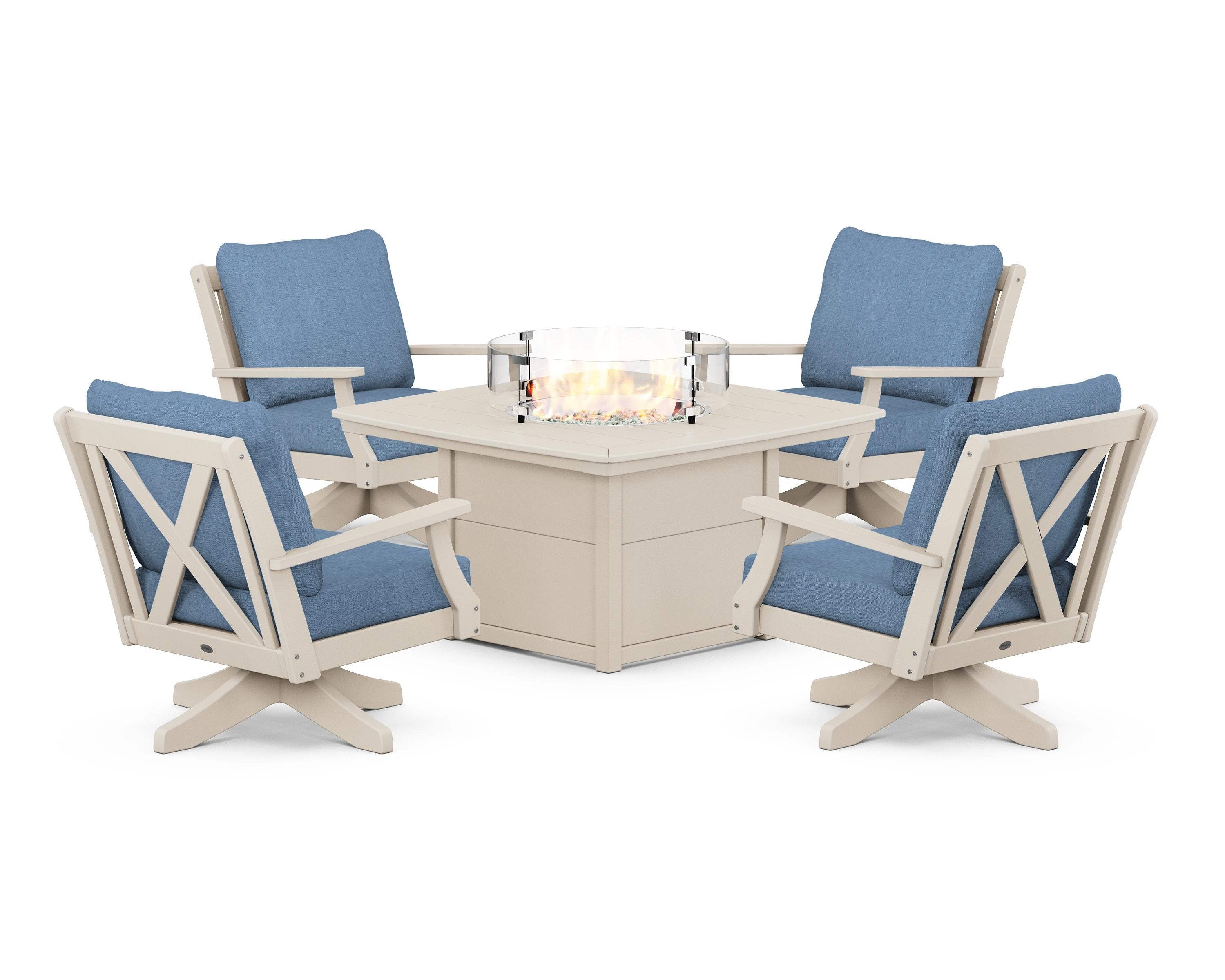 POLYWOOD® Braxton 5-Piece Deep Seating Swivel Conversation Set with Fire Pit Table in Sand / Sky Blue