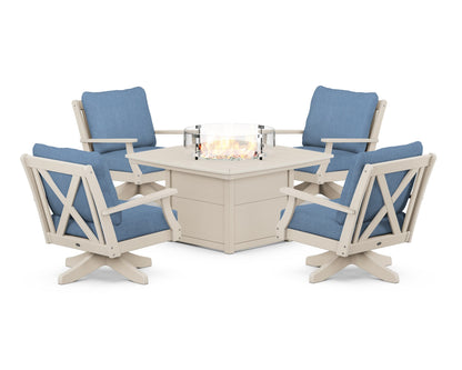 POLYWOOD® Braxton 5-Piece Deep Seating Swivel Conversation Set with Fire Pit Table in Sand / Sky Blue