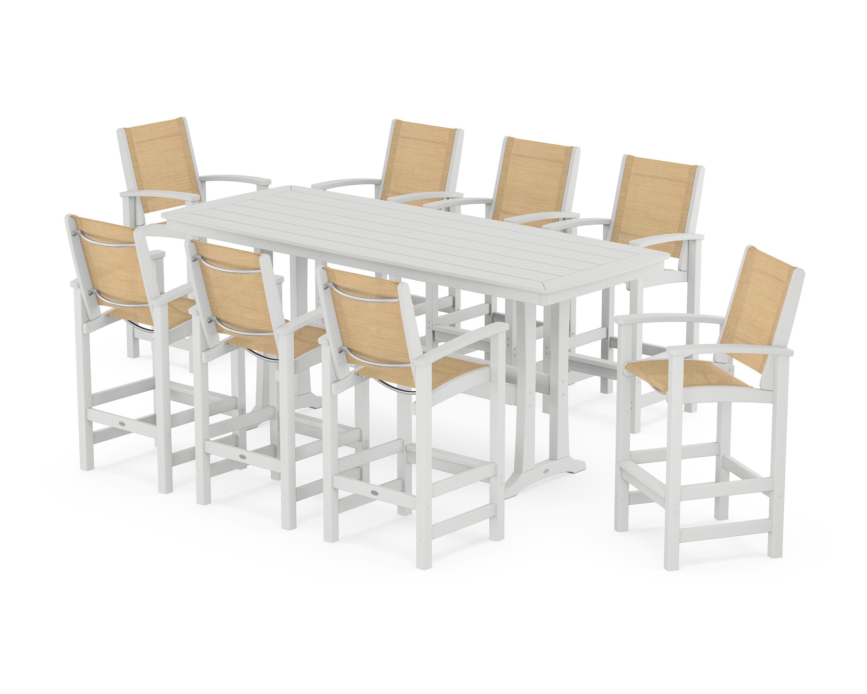 POLYWOOD® Coastal 9-Piece Bar Set with Trestle Legs in White / Dupioni Apricot Sling