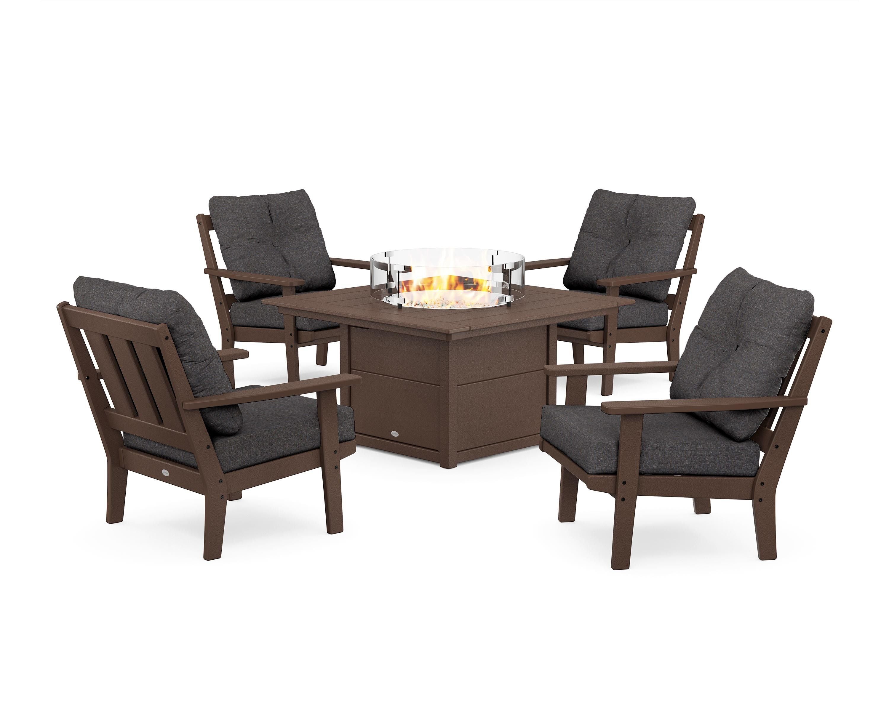 POLYWOOD® Oxford 5-Piece Deep Seating Set with Fire Pit Table in Mahogany / Ash Charcoal