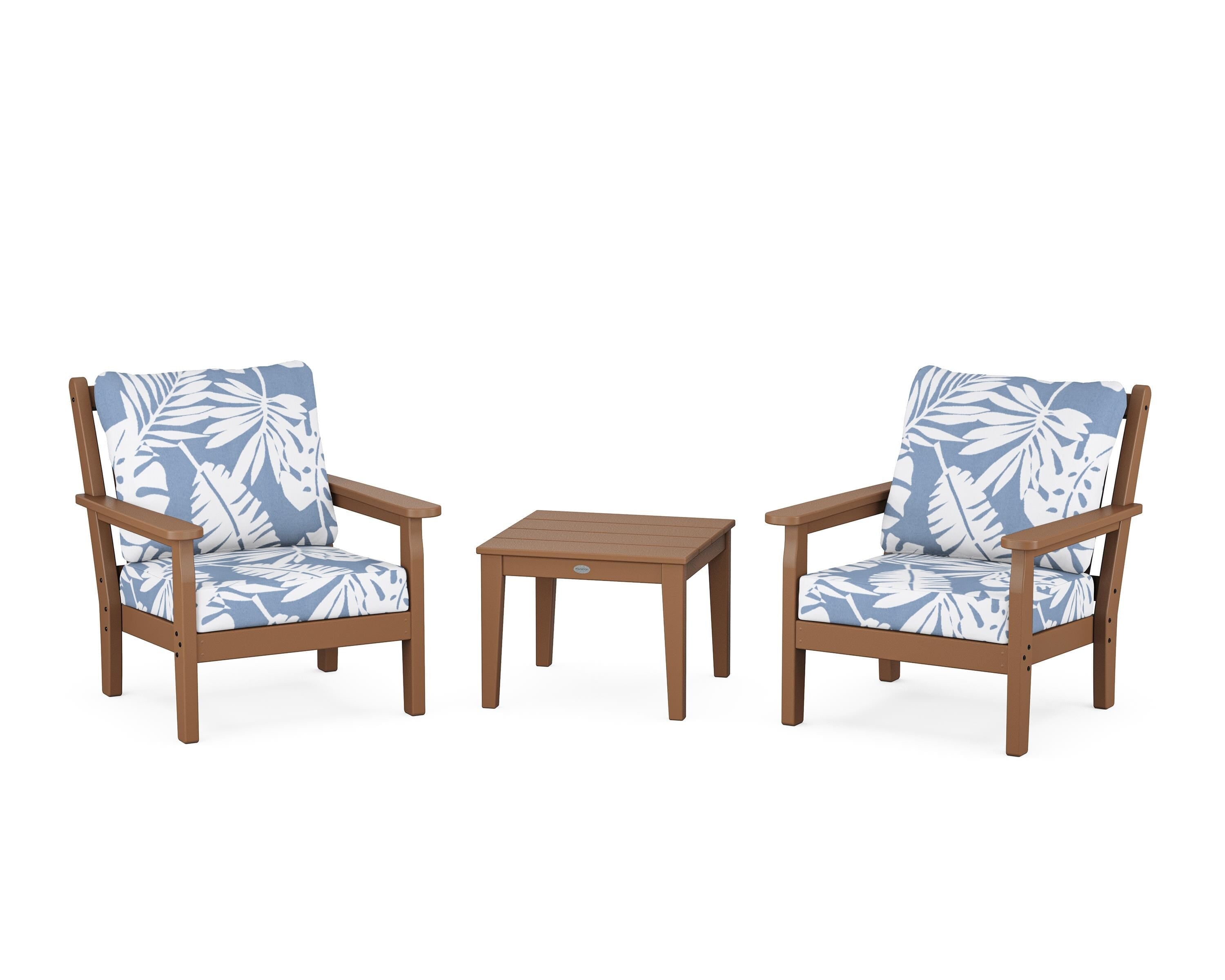 POLYWOOD® Chippendale 3-Piece Deep Seating Set in Teak / Leaf Sky Blue