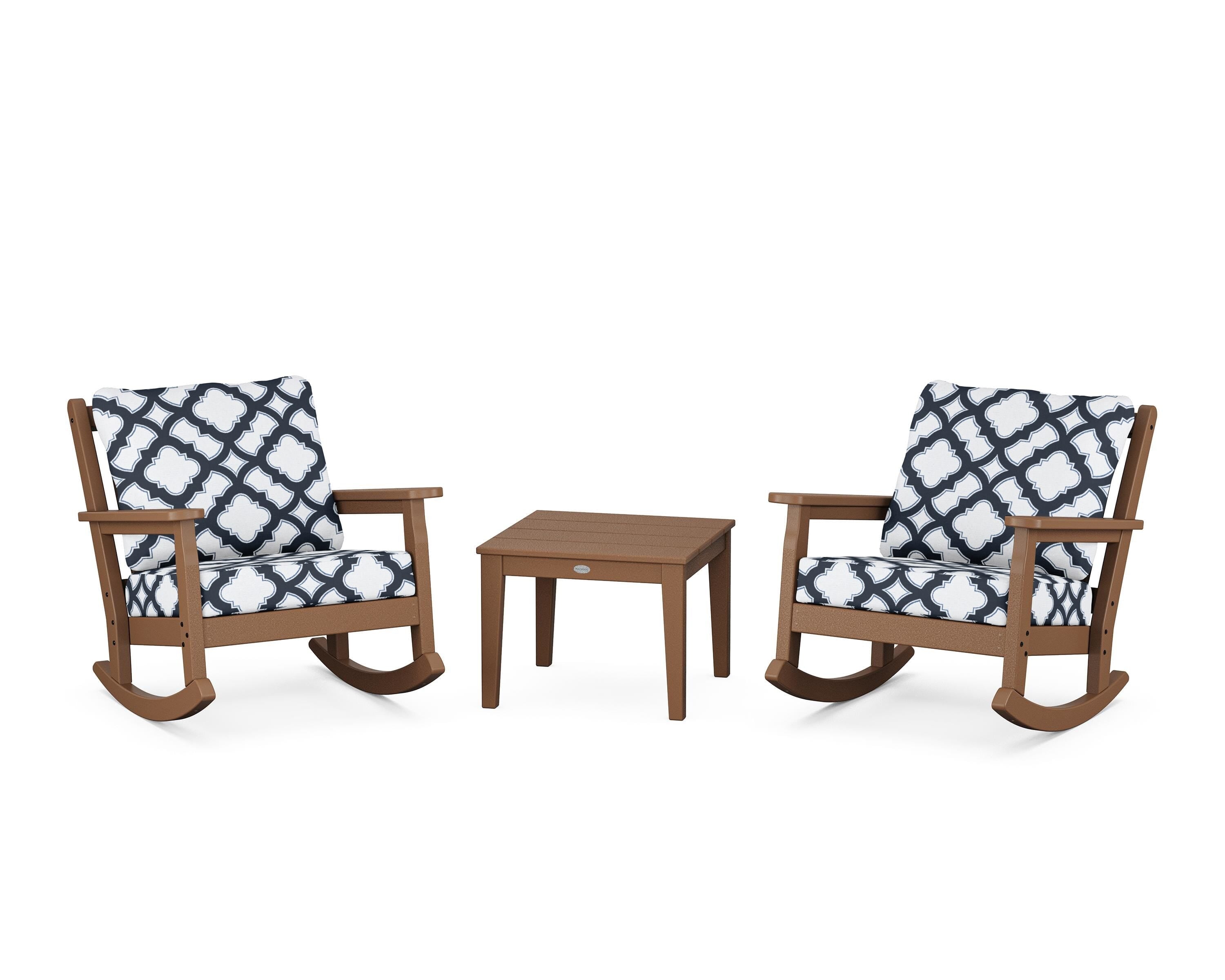 POLYWOOD® Chippendale 3-Piece Deep Seating Rocker Set in Teak / Trellis Marine Indigo