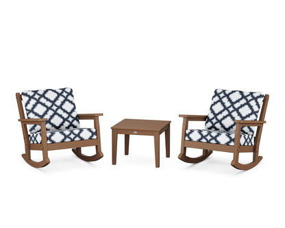 POLYWOOD® Chippendale 3-Piece Deep Seating Rocker Set in Teak / Trellis Marine Indigo