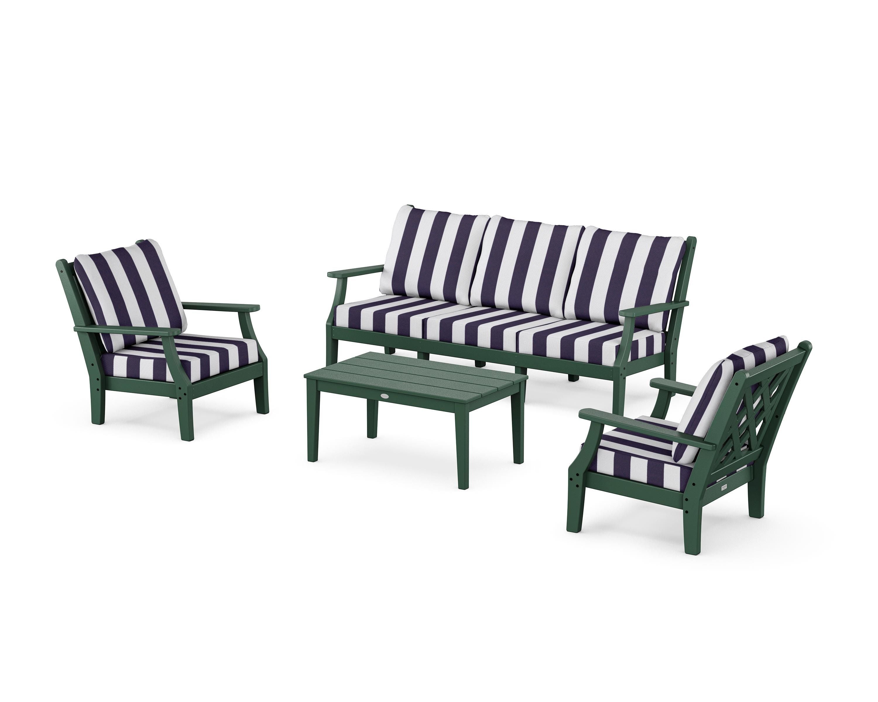 Country Living Wovendale 4-Piece Deep Seating Set with Sofa in Green / Cabana Stripe Navy