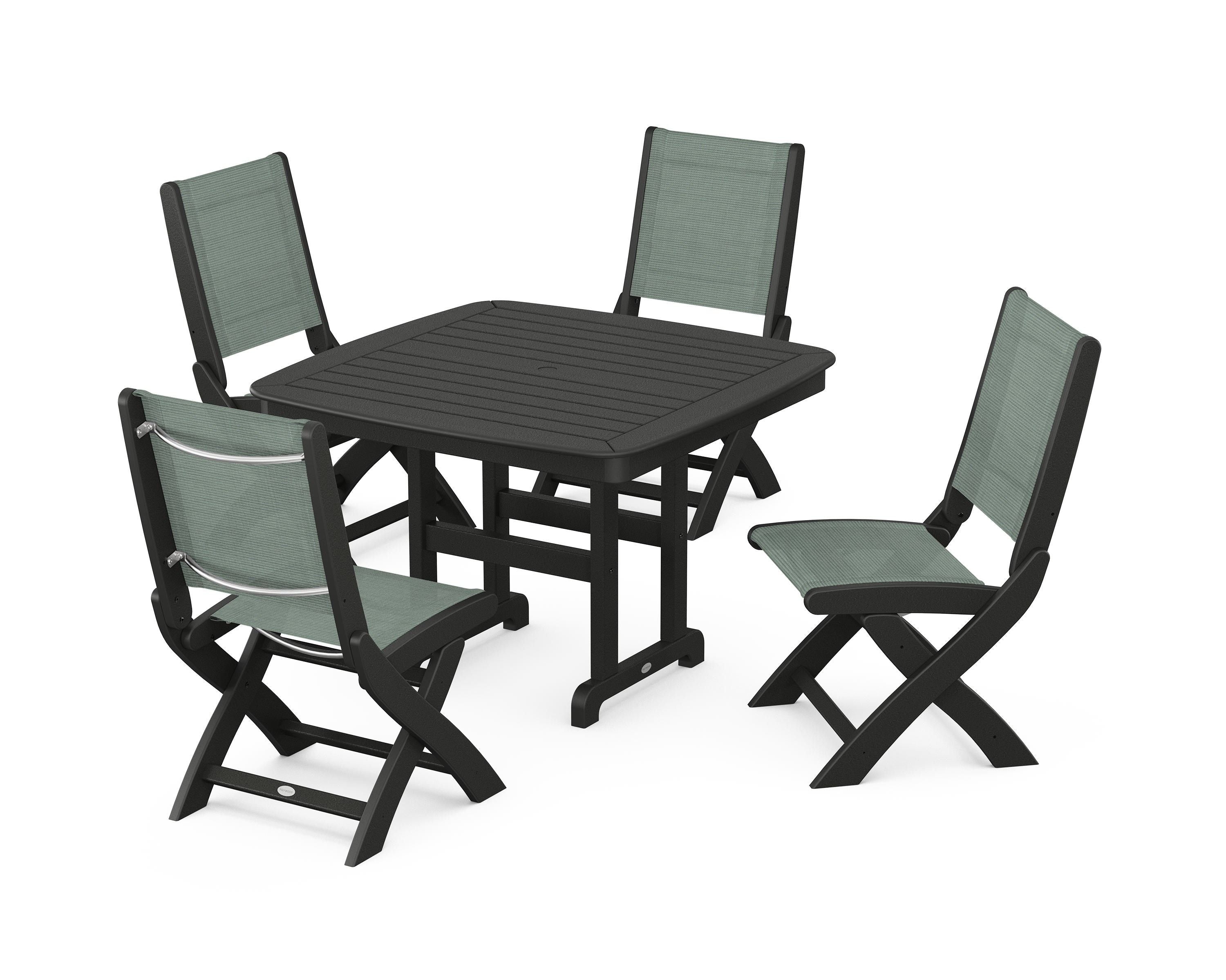POLYWOOD® Coastal Folding Side Chair 5-Piece Dining Set in Black / Dupioni Sea Mist Sling