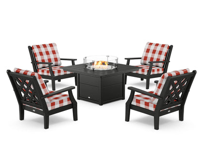 Country Living Wovendale 5-Piece Deep Seating Set with Fire Pit Table in Black / Buffalo Plaid Crimson