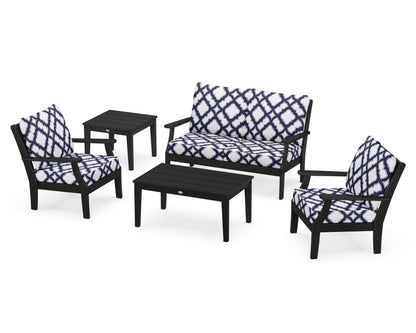 POLYWOOD® Braxton 5-Piece Deep Seating Set in Black / Trellis Navy