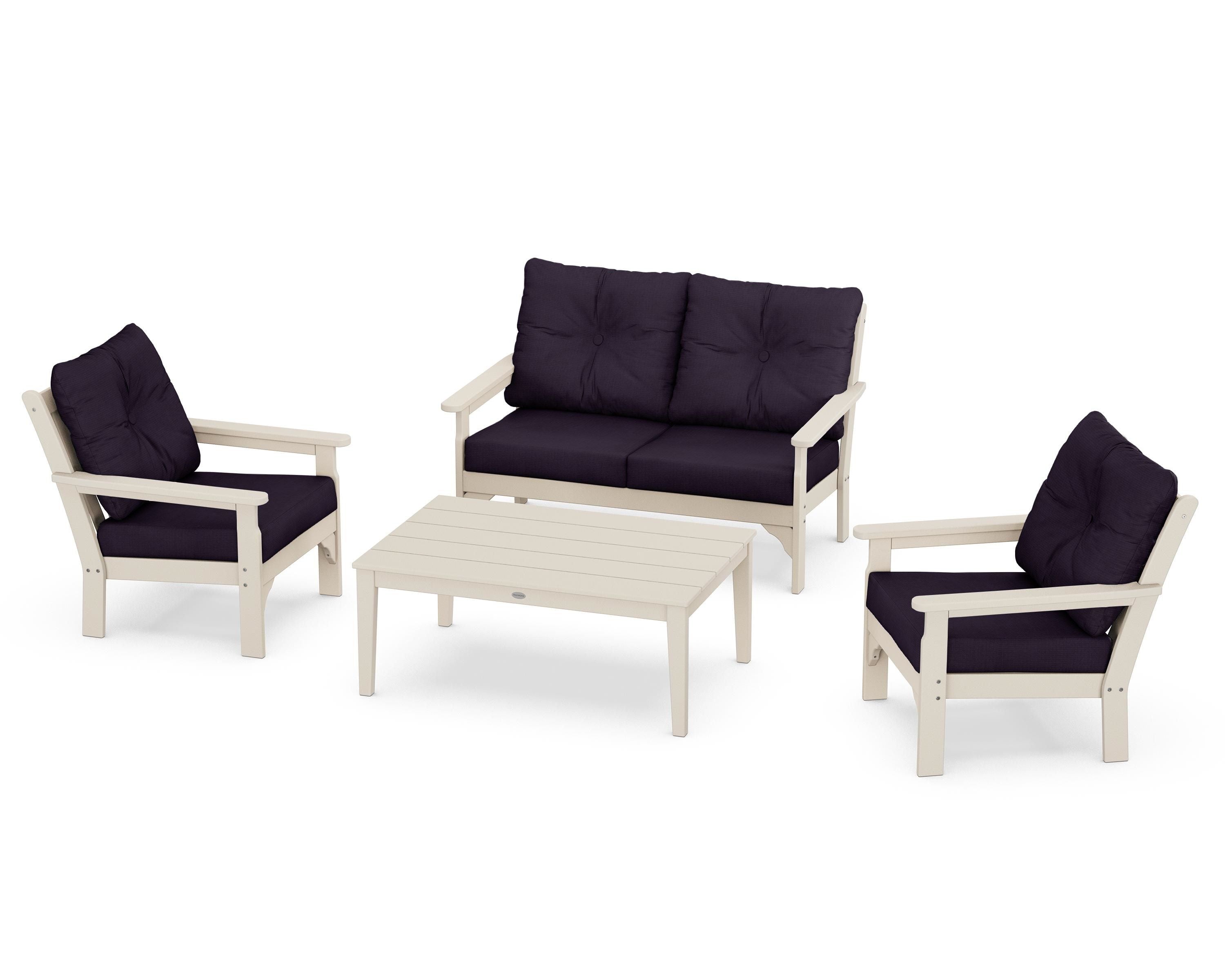 POLYWOOD® Vineyard 4-Piece Deep Seating Set in Sand / Navy Linen