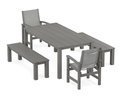 POLYWOOD® Coastal 5-Piece Parsons Dining Set with Benches in Slate Grey / Metallic Sling