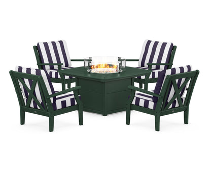POLYWOOD® Braxton 5-Piece Deep Seating Conversation Set with Fire Pit Table in Green / Cabana Stripe Navy