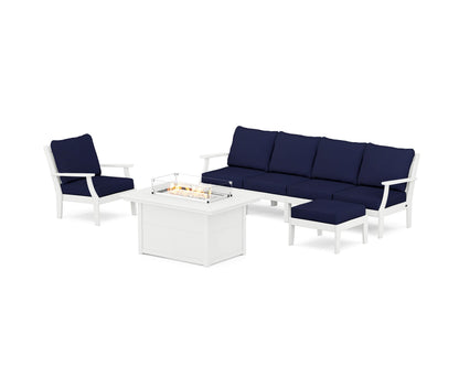 POLYWOOD® Braxton Sectional Lounge and Fire Pit Set in Vintage White / Navy