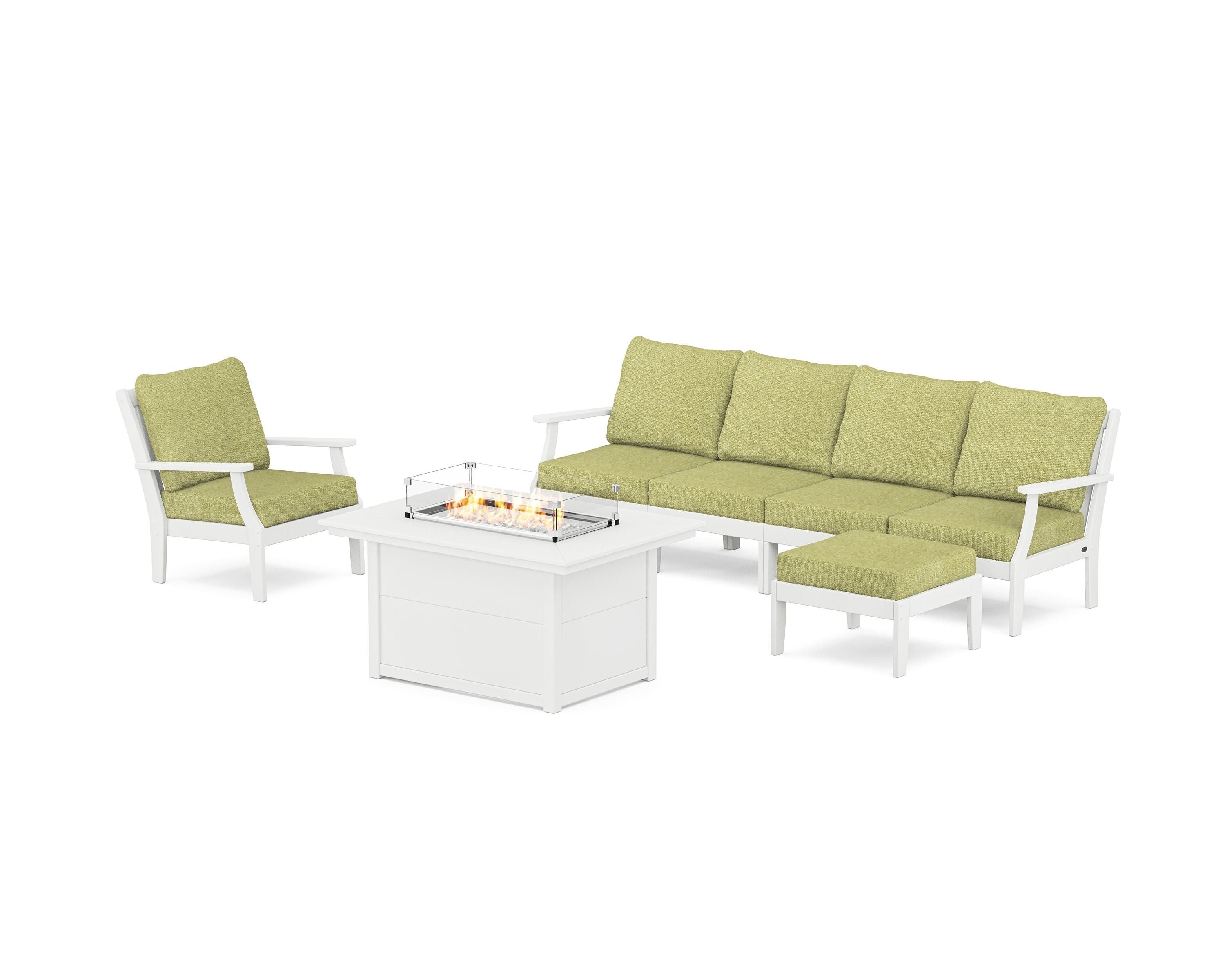 POLYWOOD® Braxton Sectional Lounge and Fire Pit Set in White / Chartreuse Boucle