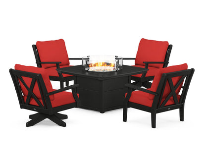 POLYWOOD® Braxton 5-Piece Deep Seating Set with Fire Table in Black / Crimson Linen