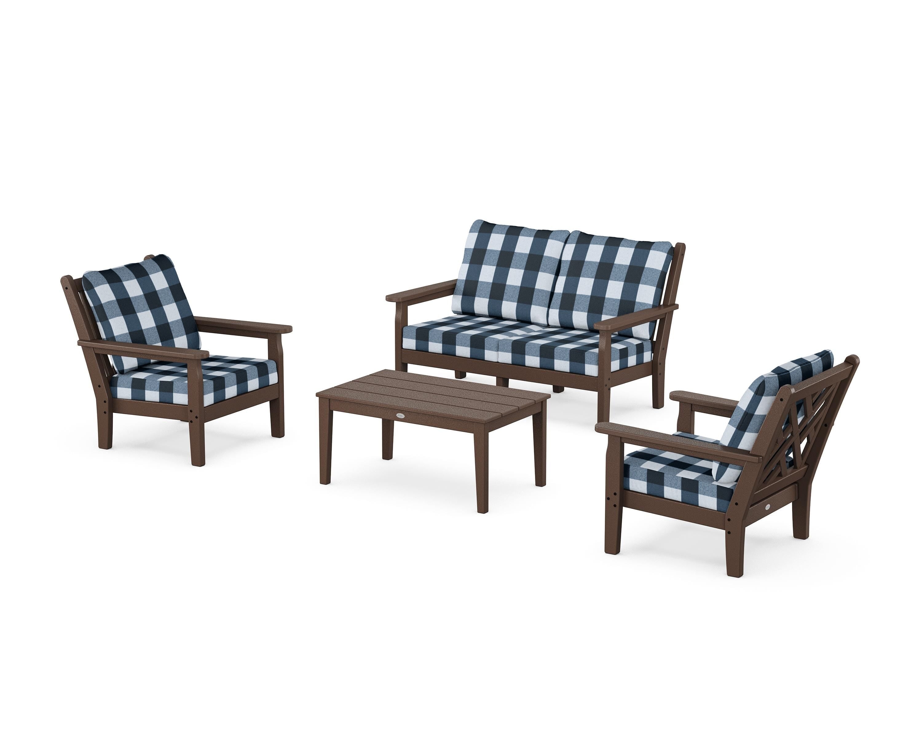 POLYWOOD® Chippendale 4-Piece Deep Seating Set with Loveseat in Mahogany / Buffalo Plaid Marine Indigo
