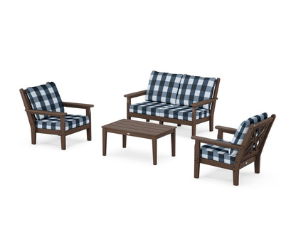 POLYWOOD® Chippendale 4-Piece Deep Seating Set with Loveseat in Mahogany / Buffalo Plaid Marine Indigo