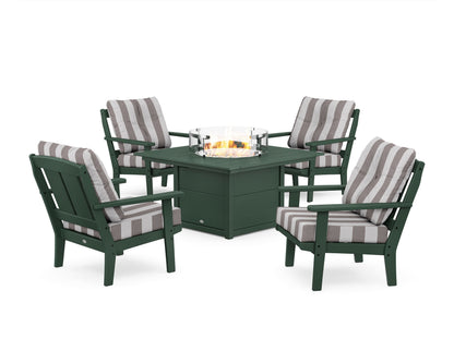 POLYWOOD® Mission 5-Piece Deep Seating Set with Fire Pit Table in Green / Cabana Stripe Grey Mist