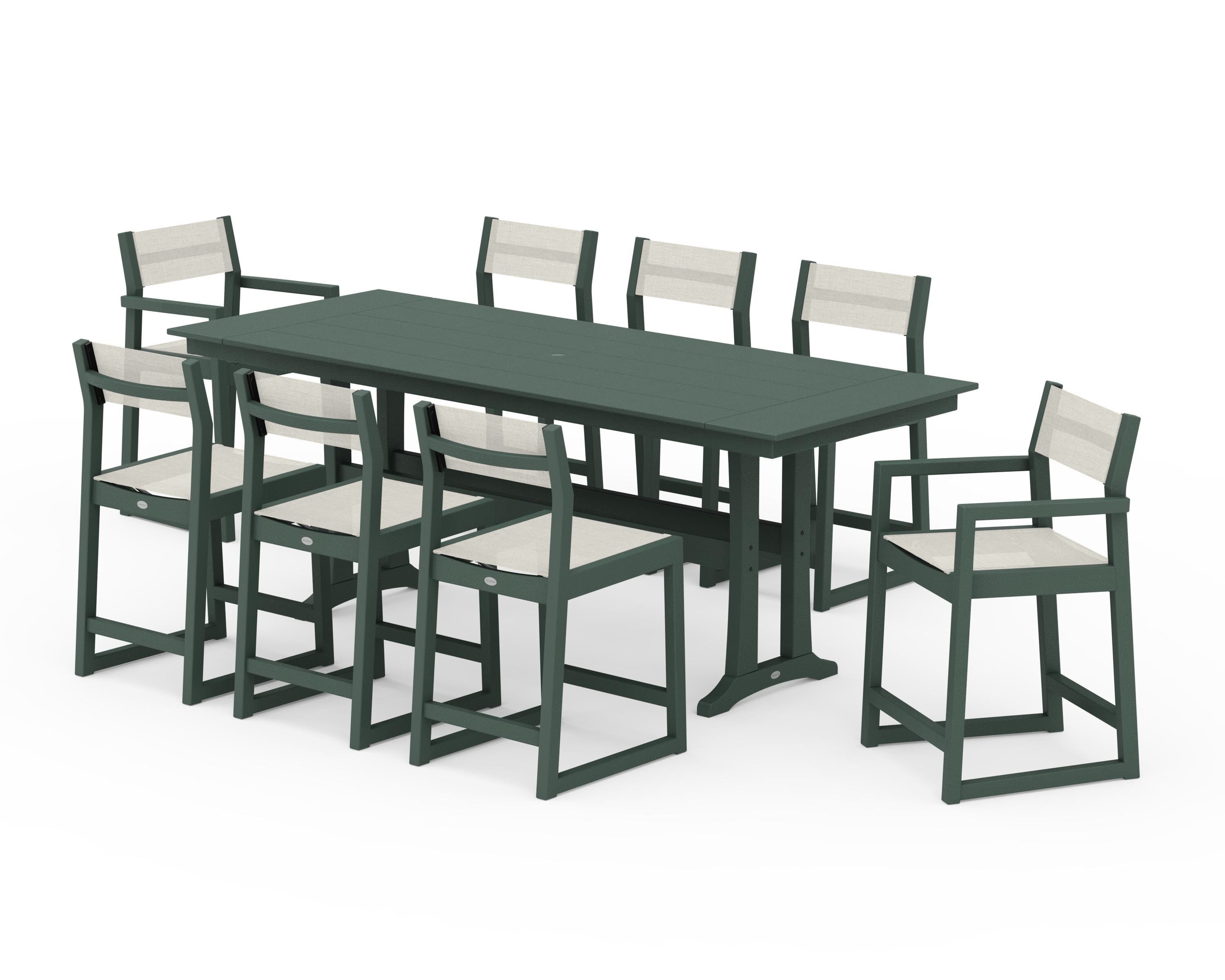 POLYWOOD® EDGE Sling 9-Piece Farmhouse Counter Set with Trestle Legs in Green / Parchment Sling