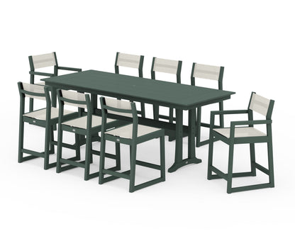 POLYWOOD® EDGE Sling 9-Piece Farmhouse Counter Set with Trestle Legs in Green / Parchment Sling