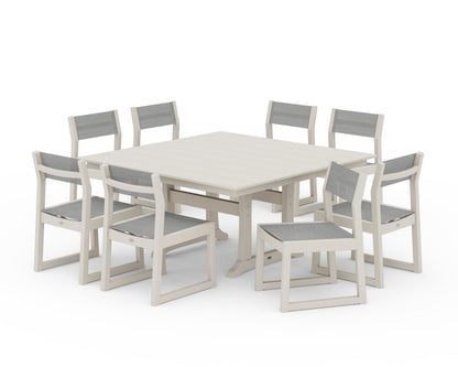 POLYWOOD® EDGE Sling Side Chair 9-Piece Farmhouse Trestle Dining Set in Sand / Metallic Sling
