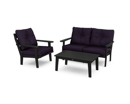 POLYWOOD® Lakeside 3-Piece Deep Seating Set in Black / Navy Linen