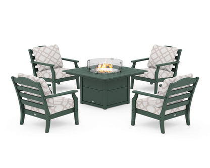 Draper James™ by  POLYWOOD® Savannah 5-Piece Deep Seating Set with Fire Pit Table in Green / Trellis Dune Burlap