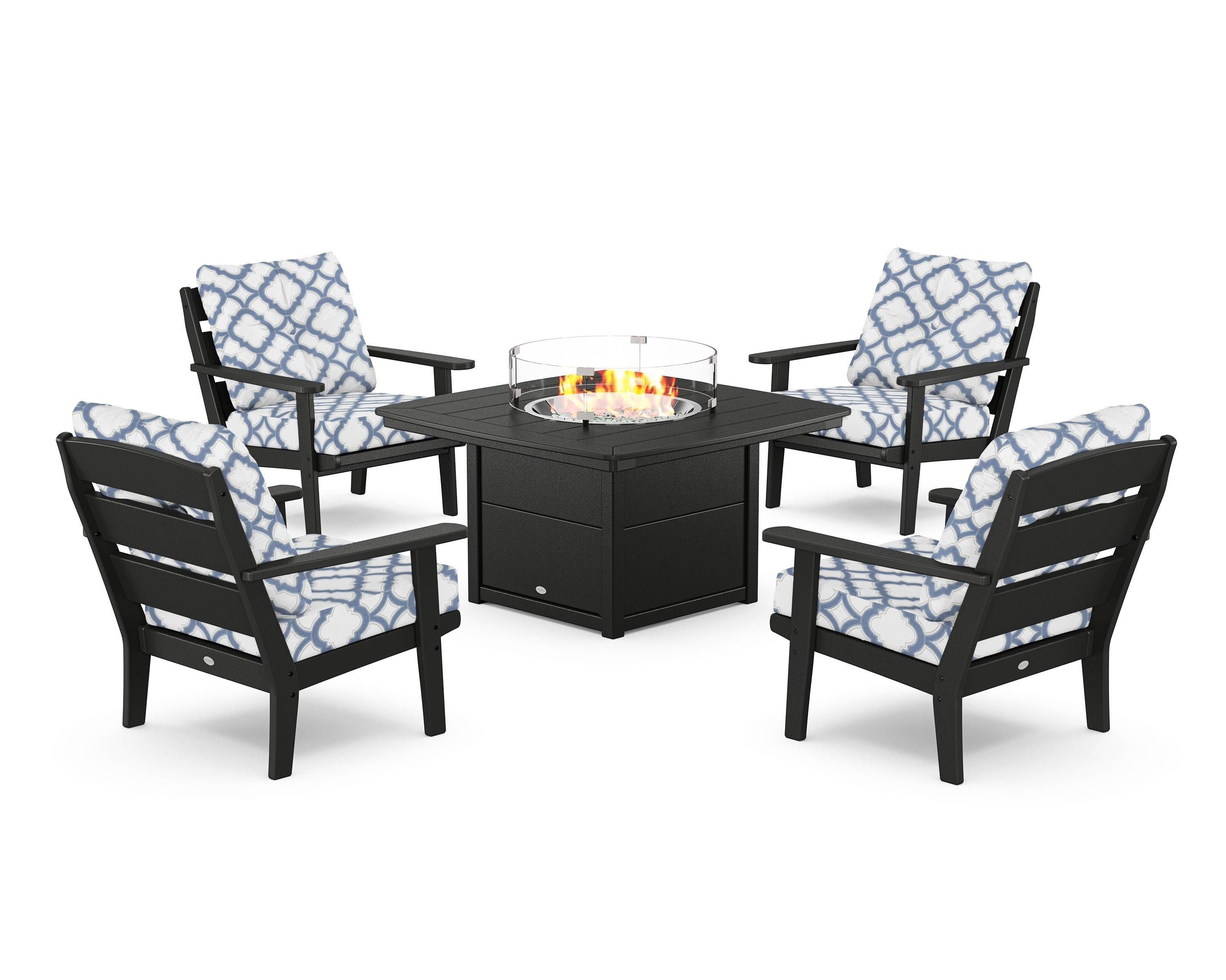POLYWOOD® Lakeside 5-Piece Deep Seating Set with Nautical Fire Pit Table in Black / Trellis Sky Blue